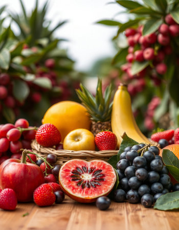 Fruits and berries in a basket on a wooden table. Selective focus.の写真素材