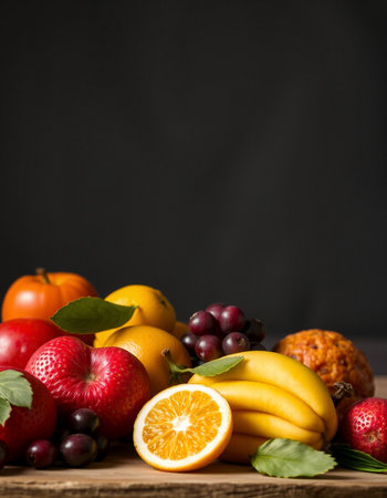 Fresh fruits on a wooden table on a black background. Free space for text.の写真素材