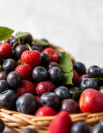 Strawberries and blueberries in a basket on a white backgroundの写真素材