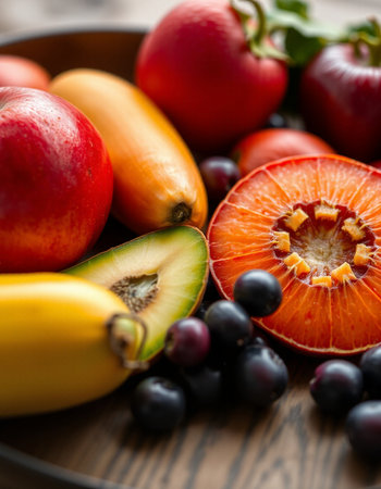 Fresh fruits on wooden table. Healthy eating concept. Selective focus.