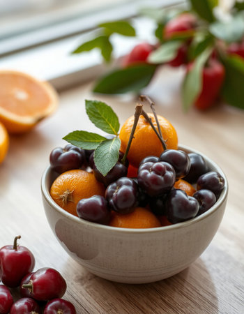 Cherries and oranges in a bowl on a wooden table.の写真素材