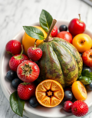 Mix of fresh fruits and berries in a bowl on a wooden table