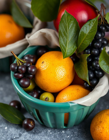 Fresh mandarins in a bowl with leaves, selective focus.