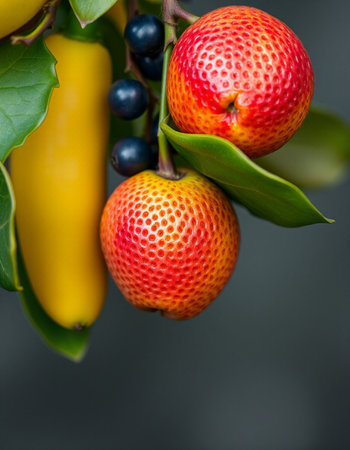 Close up of red and yellow fruits on a tree in the garden