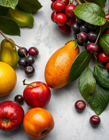 Fruits and berries on a light background. Selective focus.