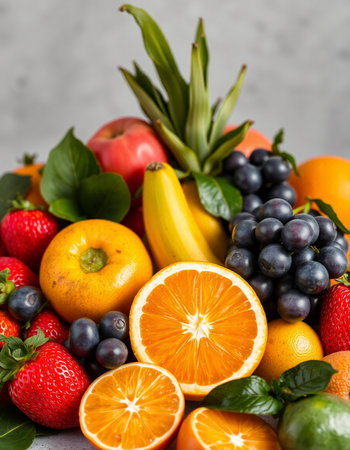Fresh fruits and berries on a gray background. Healthy food concept.