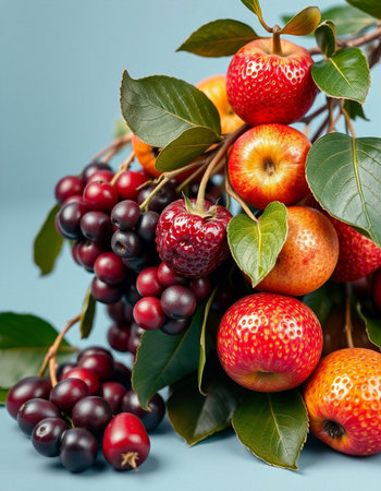 Fruits and berries on a blue background. Close-up.