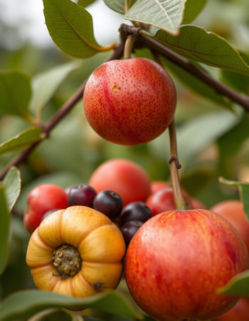Fruit on the tree in the garden. Macro. Selective focus.の写真素材