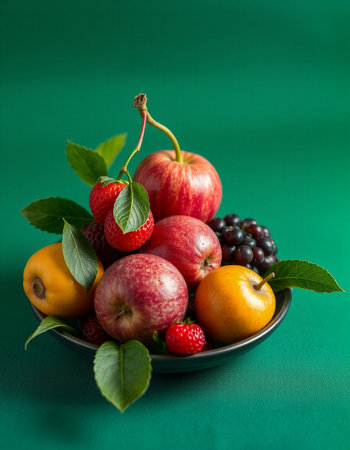Fruits in a bowl on a green background. Healthy food.