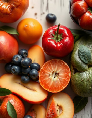 Fresh fruits and vegetables on a white wooden background. Top view.の写真素材