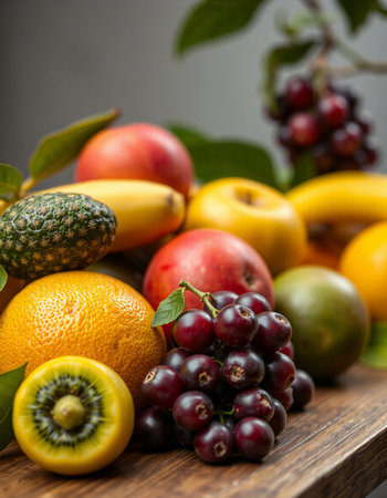 Fresh fruits on a wooden table. Healthy food. Selective focus.の写真素材