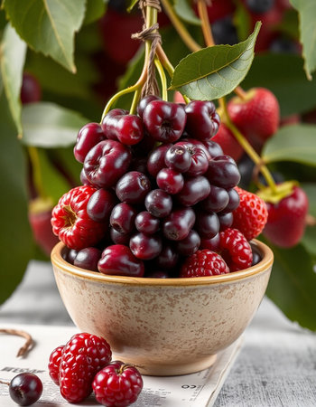 Berries in a bowl on a wooden background. Selective focus.