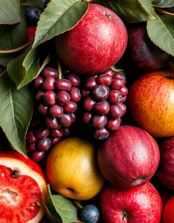 Fruit background with apples, pears, grapes and berries.