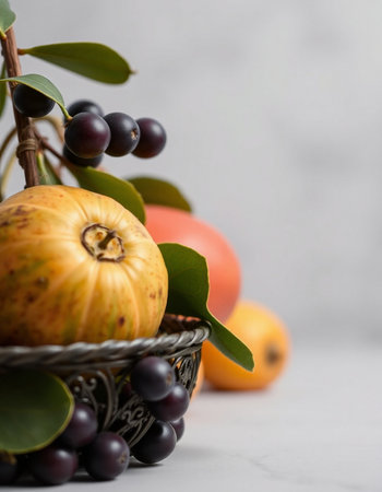 Autumn still life with apples and black chokeberry on white background