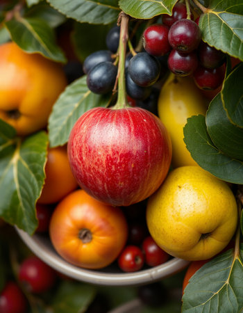 Fruits and vegetables in a basket, close-up, horizontal