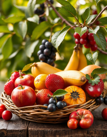 Fresh fruits in a basket on a wooden background. Selective focus.の写真素材