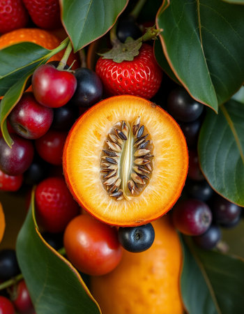 Close up of fresh fruits and vegetables. Whole background. Healthy eating concept.の写真素材