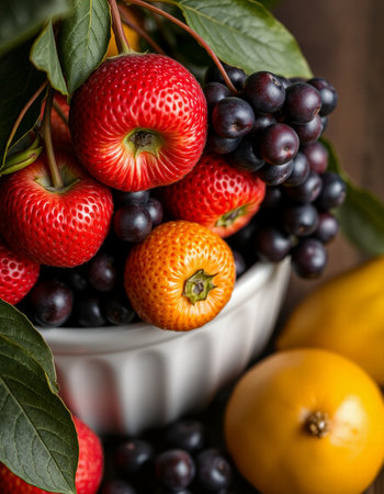 Fruits and berries in a bowl on wooden background, selective focus