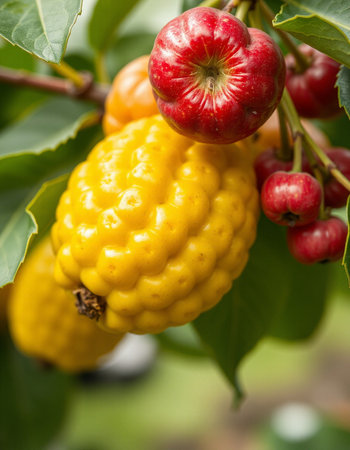 Close-up of Ripe Yellow and Red Cherries on the Treeの写真素材