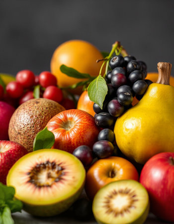 Fresh fruits and vegetables on a dark background. Selective focus.
