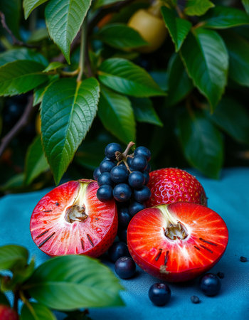 Fruits on a blue tablecloth, close-up, selective focusの写真素材