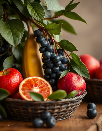Fruits and berries in a wicker basket on a wooden tableの写真素材