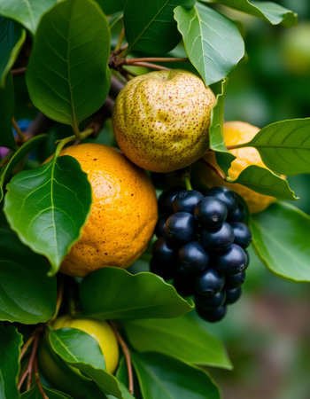 Ripe fruits on the branches of a tree in the garden.の写真素材