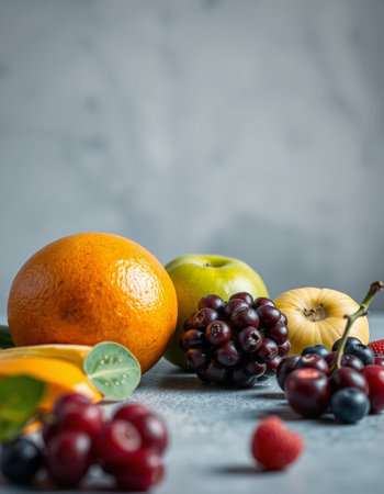 Fresh fruits on grey background with copy space for text, selective focusの写真素材