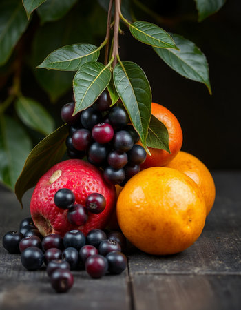 Fresh fruits on a wooden table. Black background. Selective focus.