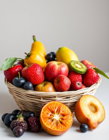 Fruits in a wicker basket on a white background, selective focusの写真素材