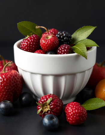 Bowl of fresh berries with leaves on black background, closeupの写真素材