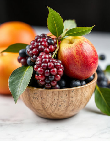 Fresh fruits in a wooden bowl on a white marble table, selective focus.の写真素材