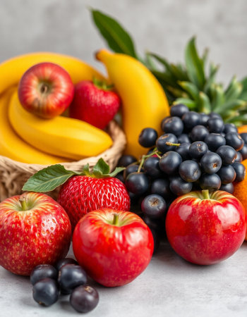 Fruits and berries on a stone background. Healthy food concept.の写真素材