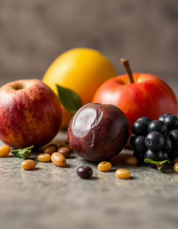 Fresh fruits and vegetables on stone background. Healthy food concept. Selective focus.の写真素材
