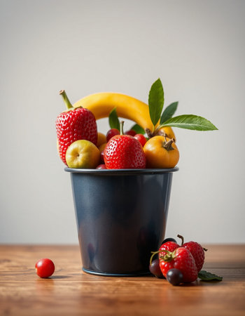 Fruits in a bucket on a wooden table with a gray backgroundの写真素材