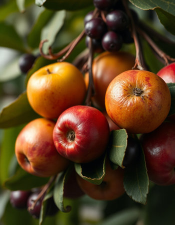 Ripe apples on the branches of a tree. Autumn harvest.の写真素材