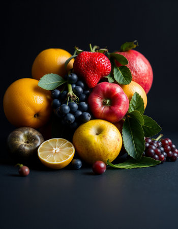 Fruits and berries on a black background. Healthy food concept.