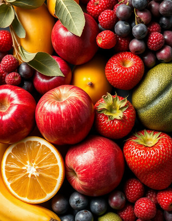 Fresh fruits and berries background. Healthy food concept. Top view.の写真素材