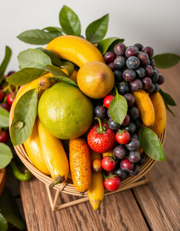 Fruits and vegetables in a basket on a wooden background. Healthy food.の写真素材