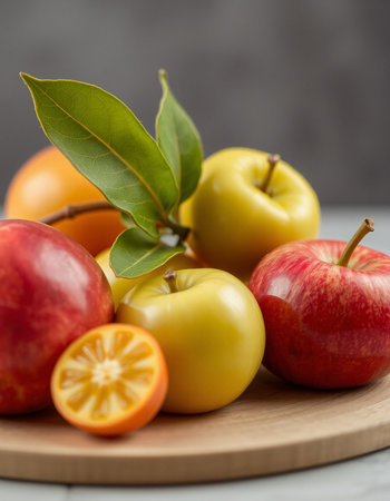 Fruits on a wooden plate with a grey background, selective focusの写真素材