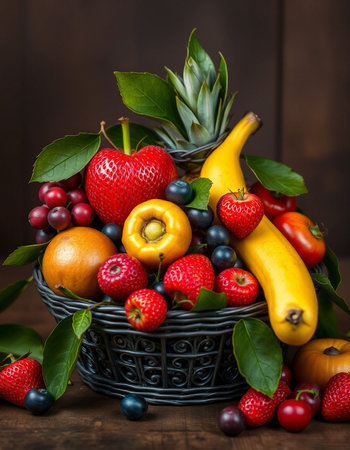 Fresh fruits and berries in a basket on a dark wooden background.の写真素材