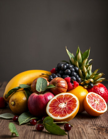Fruits and berries on a wooden table, selective focus, verticalの写真素材
