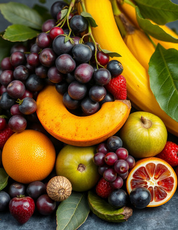 Mix of fresh fruits and berries on a dark background. Selective focus.の写真素材