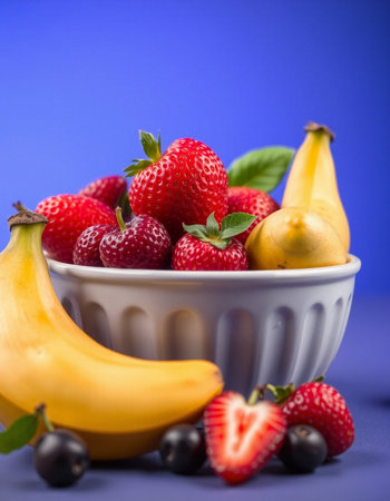 Bowl with fresh strawberries and bananas on blue background. Selective focus.の写真素材