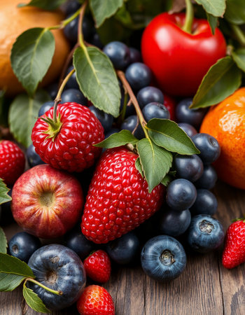 Fresh fruits and berries on rustic wooden background, selective focus.の写真素材