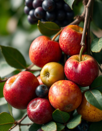 Close up view of a bunch of red and yellow fruits on a treeの写真素材