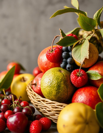 Fresh fruits in a wicker basket on a wooden table. Selective focus.