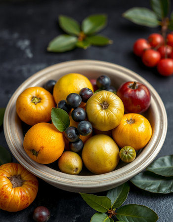 Variety of fruits in a bowl on a dark background, selective focus.