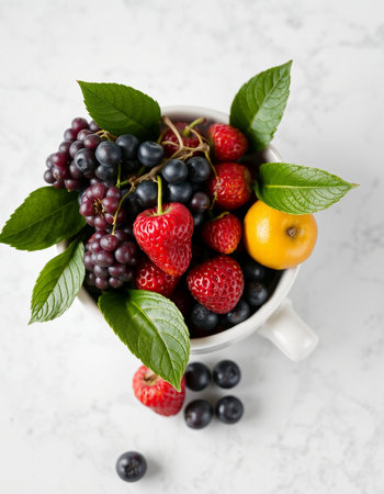 Mix of fresh berries in a cup on a white marble background.