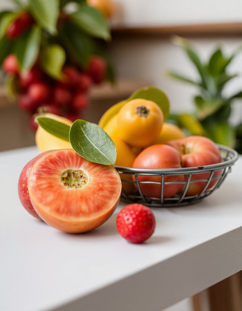 Fruits in a metal basket on a white table in the kitchenの写真素材